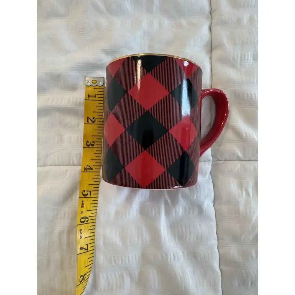 Paper Source Red Black Gold Mug Christmas Holiday Old Money Coffee Tea Plaid